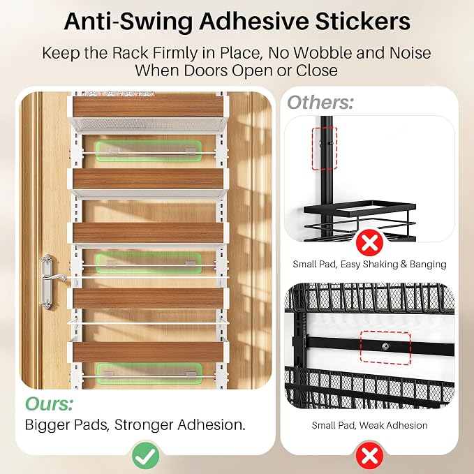 SNTD 8 Tiers Wooden Over the Door Organizer, 17" W x 6" D x 69" H, Walnut | Pantry Door Organizers and Storage, Height Adjustable Spice Rack, Dense Mesh Baskets, Anti-Swing, Adjustable Door Fastener - Image 6