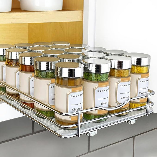 LYNK PROFESSIONAL® Pull Out Spice Organization for Cabinets - 8-3/8 inch Wide – Spice Rack for Inside Cabinets, Slide Out Spice Rack Organizer for cabinet – Pull Out Spice Rack, Sliding 1 Tier Chrome by LYNKPROFESSIONAL