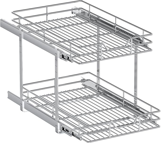 2-Tier Pull Out Cabinet Organizer, 14.5" W x 21.5" D, Heavy Duty Dual Slide Out Shelves for Base Cabinets, Chrome Wire Basket Drawer for Pantry, Kitchen & Bathroom Storage - Image 9