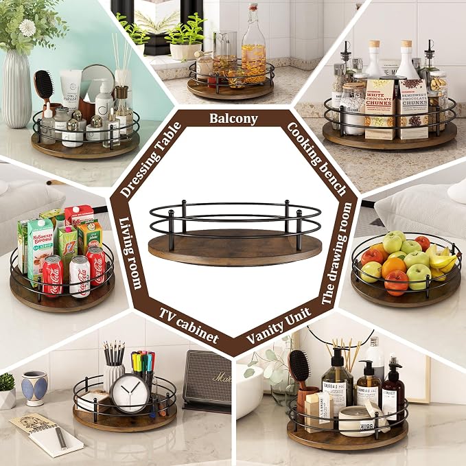 12" Lazy Susan Turntable Organizer,Round Wooden Lazy Susan Organization and Rotating Spice Rack for Dining Table,Pantry,Kitchen Countertop,Vanity,Cupboard and More. (Heightened Version,Round) - Image 4