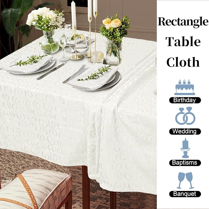 White Fabric Table Cloth Rectangle, 1PC Washable Tablecloth 60"x84" (Seats 6-8) - Cotton Polyester - Wedding Table Cloths for Reception, Reusable Table Cover for Birthday Party, Luxury Bows Jacquard - Image 5