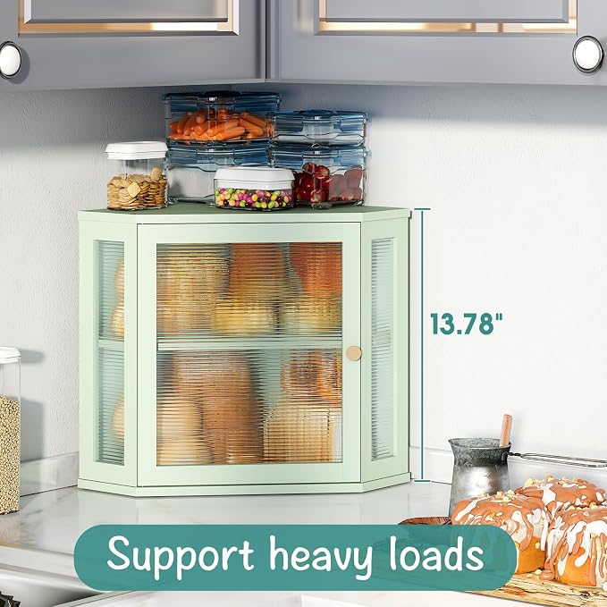 viewcare Corner Bread Box for Kitchen Countertop, Bamboo Wood Large Capacity Bread Storage Bin with Acrylic Wavy Door Panel, Green - Image 7