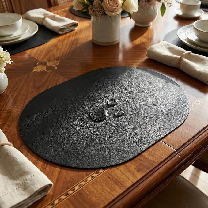 Oval Placemats 2mm Ultra Thick Faux Leather Table Mats, Heat Resistant Waterproof Wipeable Dining Mats for Kitchen Table, Set of 6, Black - Image 6