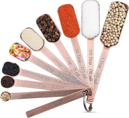 Copper Measuring Spoons Set 10, Stainless Steel Measuring Spoons for Kitchen & Baking, Long Handle Metric & US Metal Measure Spoon with 1/16tsp, 3/3tsp, 2/3tbsp for Spice Jar by zoyizi