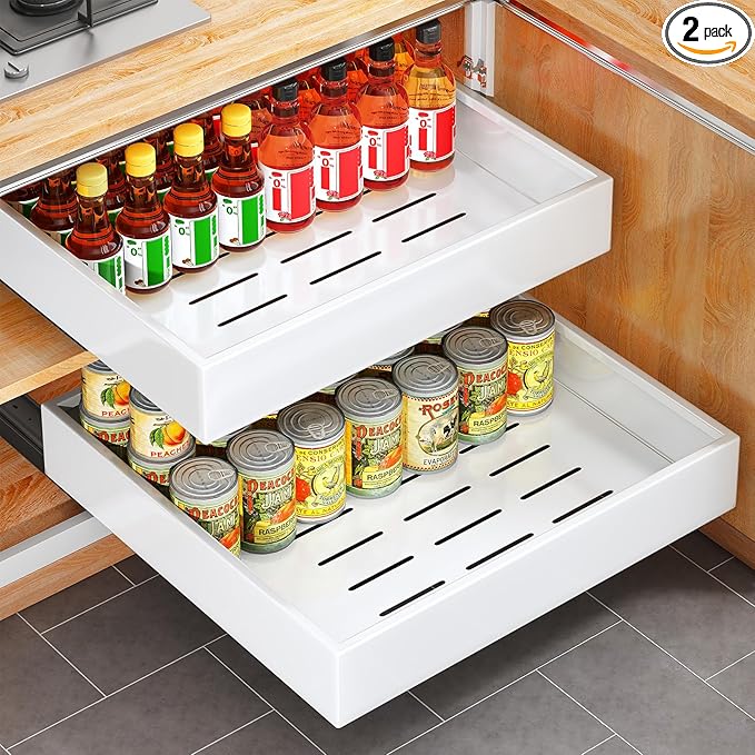 2Pack Pull out Cabinet Organizer, 21"Deep, 20"Wide Full-extension Heavy Duty Slide out Drawers Fixed with Adhesive Nano, Roll Out Shelves Sliding Cabinet for Kitchen,Bathroom,Pantry,Under Sink(White) by Kitstorack