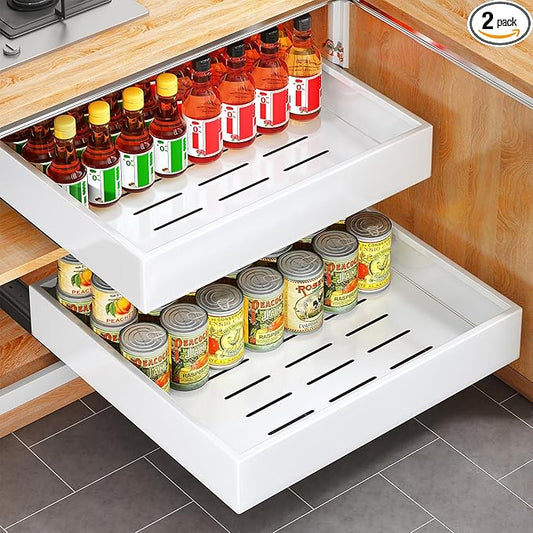 2Pack Pull out Cabinet Organizer, 21"Deep, 20"Wide Full-extension Heavy Duty Slide out Drawers Fixed with Adhesive Nano, Roll Out Shelves Sliding Cabinet for Kitchen,Bathroom,Pantry,Under Sink(White) by Kitstorack