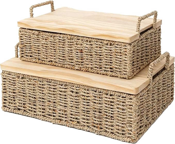 Woven Seagrass Wicker Storage Basket Set of 2 with Wooden Lids | Stackable Basket with Handles, Rectangular Decorative Basket for Shelves Home, Closet & Desktop Organization by QingtuHome