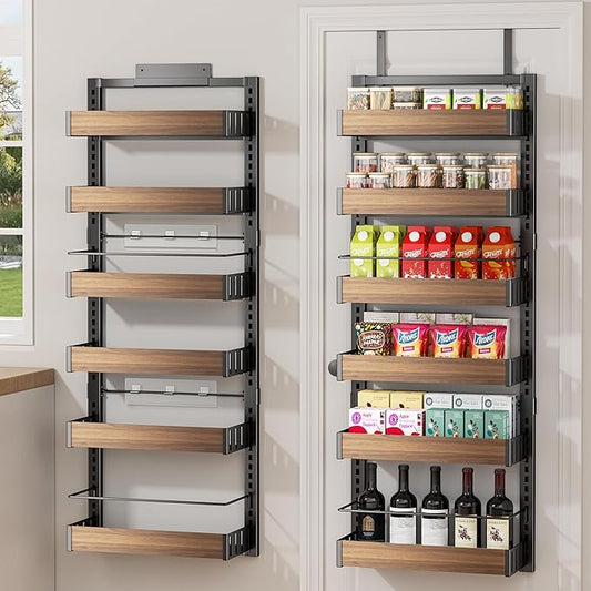 POKIPO 6 Tier Over The Door Pantry Organizer, 2-in-1 Door Hanging or Wall Mounted Spice Rack, Large Heavy Duty Pantry Door Storage Seasoning Shelves with Adjustable Basket for Kitchen Bathroom Closet by POKIPO