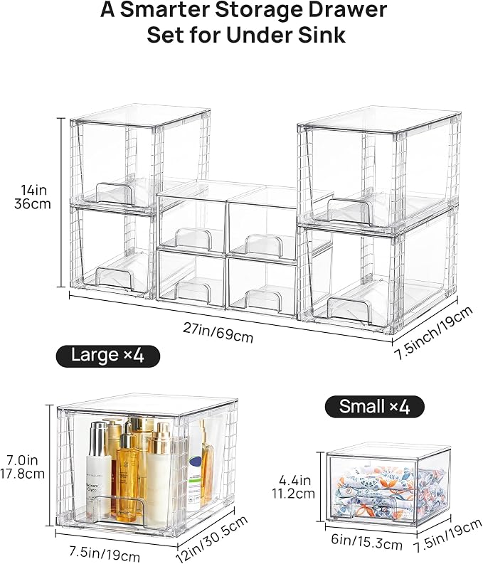 Vtopmart 8 Pack Clear Pull-Out Under Sink Organizer Set (4 Large & 4 Small) | Stackable Storage Drawers, Designed to Fit Bathroom & Kitchen, Under-Sink Organization - Image 2
