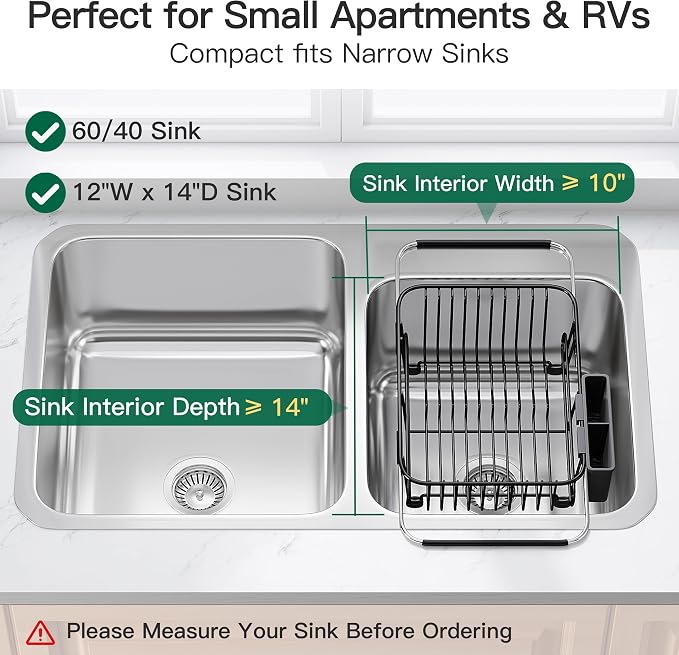 JASIWAY Black Dish Drying Rack in Sink with Utensil Holder, RV, Apartment | Over Sink Expandable Stainless Steel Dish Drainers for Compact Kitchen, Space Saving, Fast Drain, Rustproof, For 1-2 people - Image 3