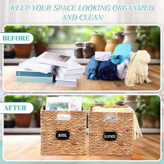 Jinei 12 Pcs Wicker Storage Basket Bulk, 12 x 12 Inch Handwoven Water Hyacinth Folding Cube Bin with Handles Labels for Shelves Pantry Laundry Organization - Image 4