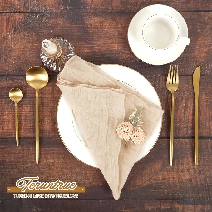 42 Packs Gauze Cheesecloth Napkins 20 x 20 Inch Beige Wrinkled Dinner Napkins, Light Brown Rustic Boho Soft Cloth Napkin for Wedding Party Event Dinner Table Decoration - Image 4