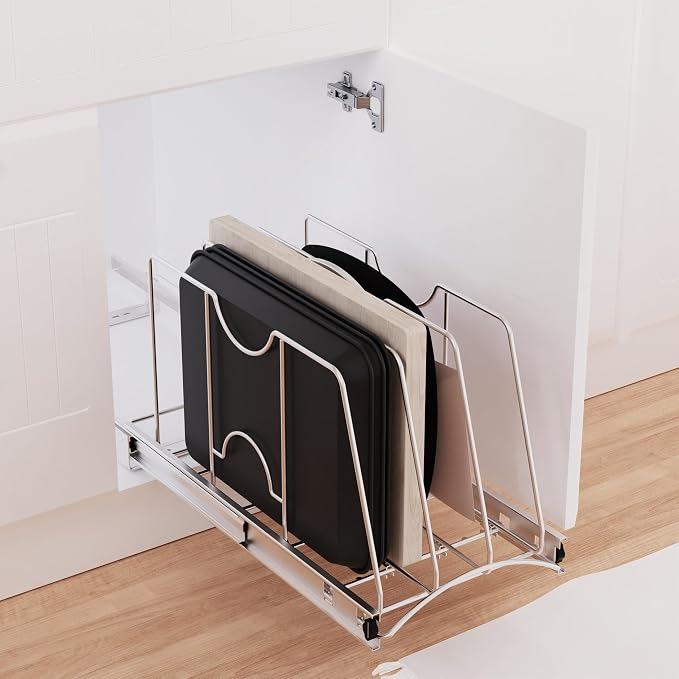 Pull Out Cookie Sheet Organizer, 10" W x 22" D x 11" H, Chrome | For Cabinet, Pan and Pot, Cutting Board, Bakeware, Tray Organizer Rack, Sliding Rack- Heavy Duty, Adjustable Divider Width - Image 8