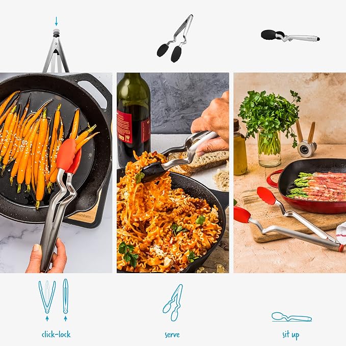 Dreamfarm Clongs Grippy Silicone & Stainless Steel Kitchen Cooking Tongs with Click-Lock Open & Close - 12" Black | Stainless steel, strong-grip non-stick safe tips, one-handed button lock open and close, sit-up handles for mess free benches - Image 4