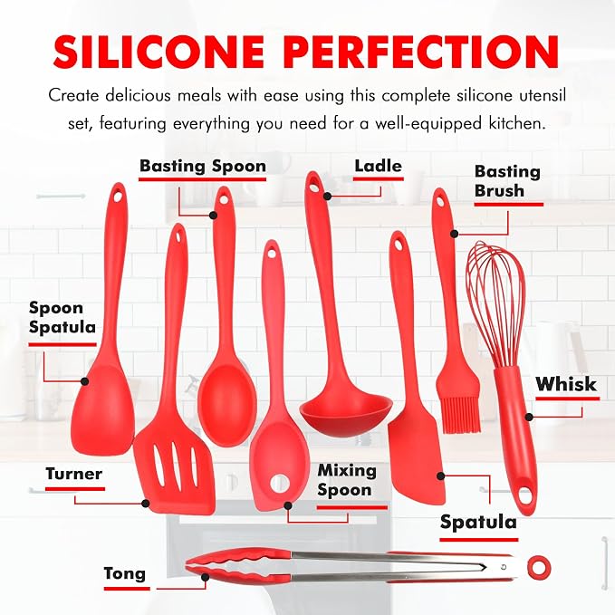 Chef Craft Premium Silicone Kitchen Tool and Utensil Set, 9 Piece, Red - Image 4