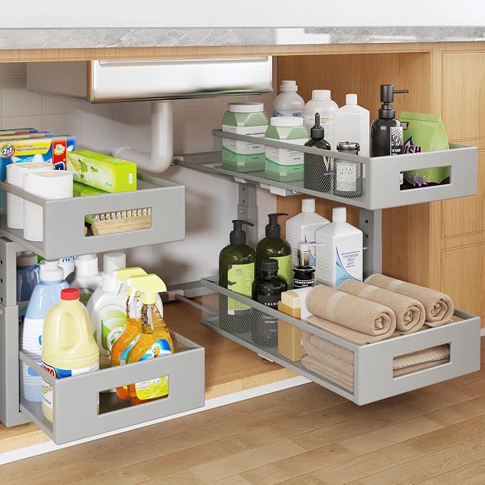 2 Packs 17IN Depth Under Sink Organizer, 2-Tier Pull Out Cabinet Organizer With Smooth Circular Rail, Large Capacity Metal Mesh Sliding Drawers For Bathroom& Kitchen Storage,Height Adjustable–Gun Gray by UnderSinkOrganizer