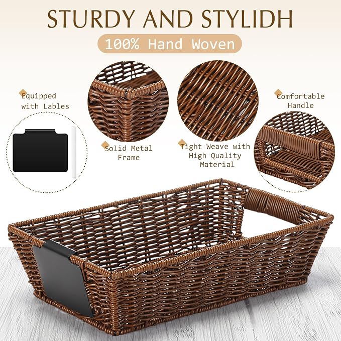 Marsui 9 Pcs Wicker Storage Baskets for Pantry Organization with Handle Labels Handwoven Multi-size Dark Brown Small Organizer Baskets Storage Bin Container for Shelves Closet Toilet Christmas Holiday - Image 3