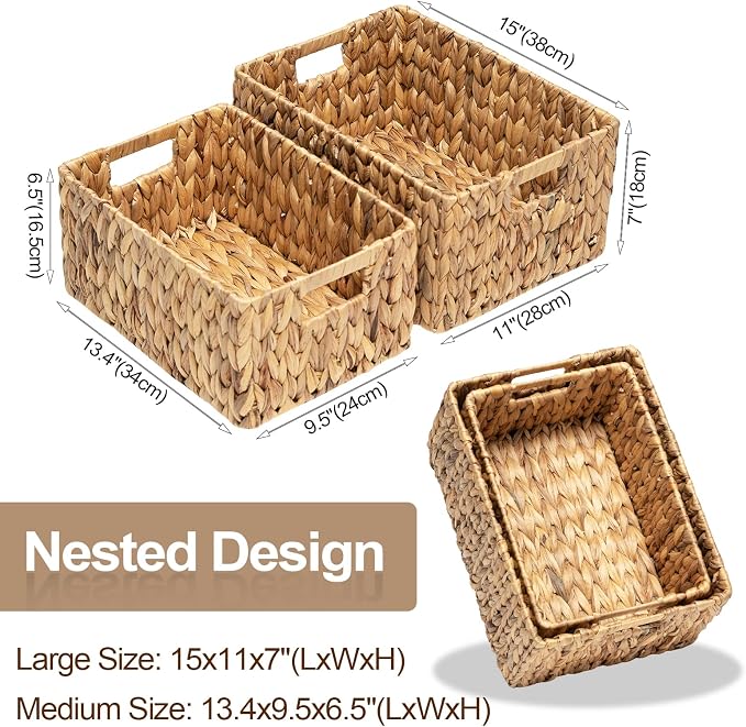 FairyHaus Wicker Baskets 15x11x7 & 13.4x9.5x6.5, 2 Pack Handmade Big Wicker Storage Basket with Handles, Natural Water Hyacinth Wicker Baskets for Storage Shelves Organizing, Rectangle Wicker Basket - Image 6