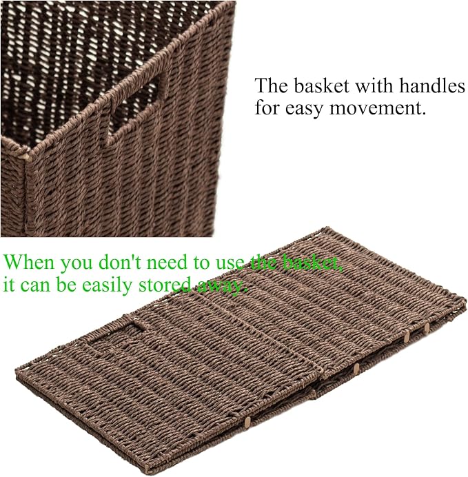 Handwoven Paper Woven Cube Basket Organizer with Handles set of 4 Foldable Storage baskets for Bedroom Living Room Cubby Storage Units for Clothes Books Toys (Brown, 13" L x 13" W x 13" H) - Image 7