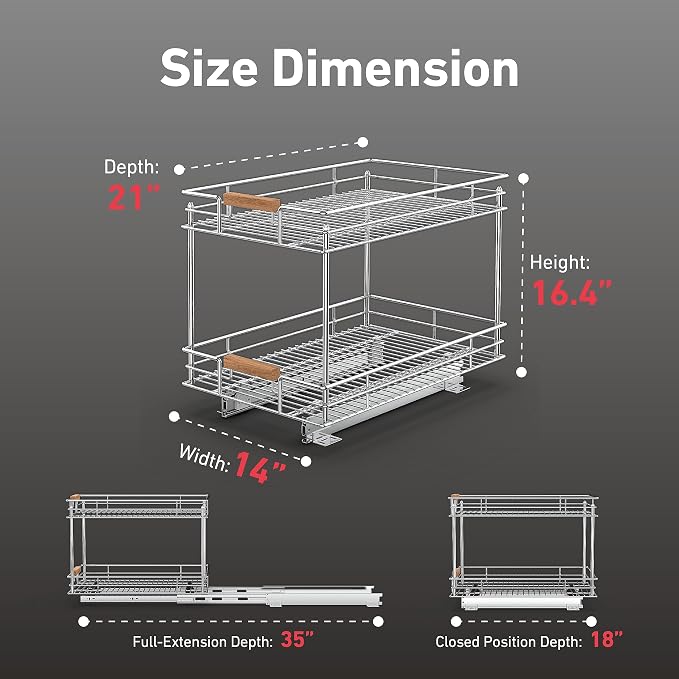 Mount Walker Pull Out Cabinet Organizer(14" W x 21" D), 2 Tier Slide Out Shelves with Wood Handle, Sliding Drawer Pull Storage Shelf for 15-1/4” Cabinet Opening, Chrome - Image 4