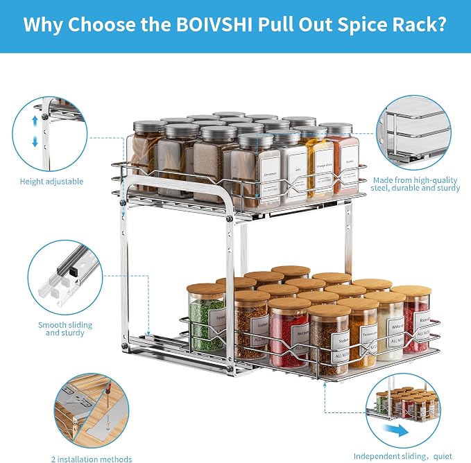 BOIVSHI Pull Out Spice Rack, 9.25" W x 10.39" D x 9.76" H | 2 Tier, Space-Saving, Spice Organization for Cabinet, Heavy Duty Metal Spice Organizer for Cabinet, Pantry, Kitchen - Image 6