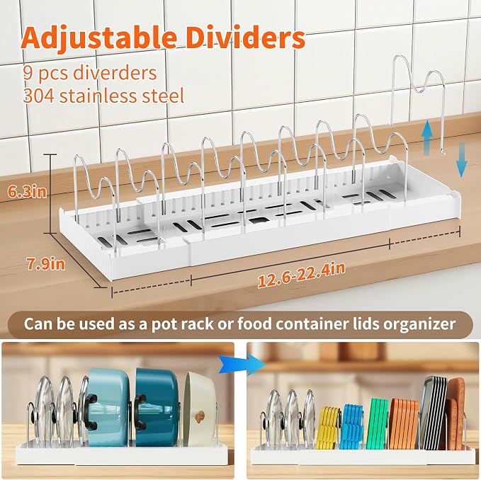 Antigo 2 Pack Expandable Pots and Pans Organizer, lid organizer | 9 Adjustable Stainless Steel Dividers，For Kitchen Countertop Cabinet and Pantry, For Food Container lid, 12.6"-22.4" Wide - Image 2