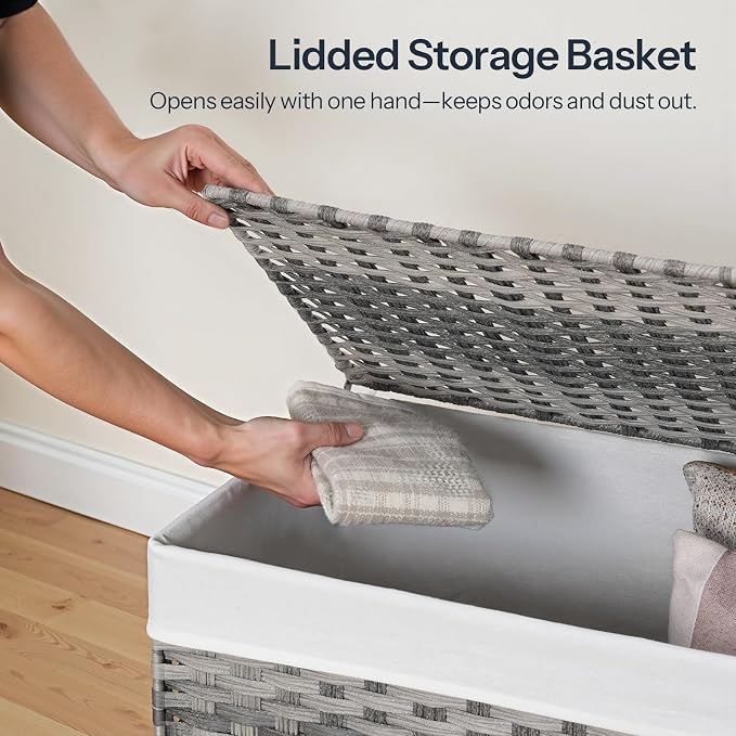 HOOBRO Storage Basket with Lid, 52.8 Gallon (200L) Wicker Basket, Handwoven Blanket Storage Basket with Handles, Metal Frame and Soft Lining, Foldable for Bedroom, Laundry Room, Gray GY220CW01 - Image 6