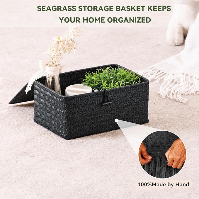 Nonam Storage Basket with Lid, Natural Seagrass Bin with Lid Set of 3, Shelf Baskets Multipurpose Container for Boho Decoration, Rectangular Household Storage Boxes for Home Organization-Black - Image 8