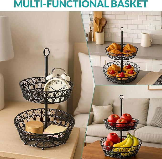 2-Tier Fruit Basket for Kitchen Counter, Stackable Metal Fruit & Vegetable Holder - Image 5