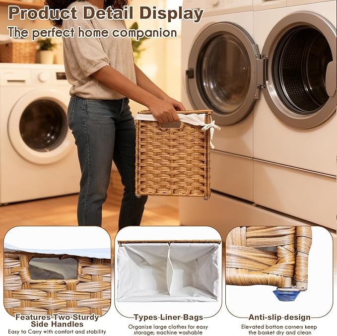 Storage Basket with Lid: Rattan Woven Storage Basket with 2 Separate Lids, 17.2 Gallon (65L), 22 x 13 x 13.8 Inches, Foldable, with 2 Removable Liner Bags & Handles, for Bedroom, Laundry Room, Natural - Image 3