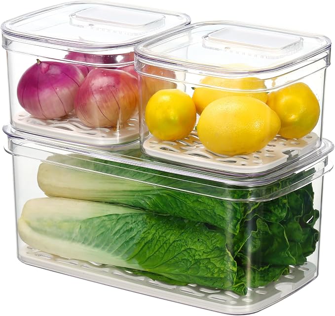 Felli Duo Fresh Veggie Keeper for Fridge with Vent & Drain Trays, LARGE Fruit Vegetable Storage Container for LONG Produce Veggie, Cabbage Celery Lettuce Asparagus Zucchini Saver for Refrigerator by Felli