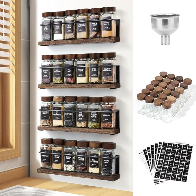 Wooden Lid Magnetic Spice Rack with 24 Jars, 216 Labels, 1 Steel Funnel for Refrigerator，Microwave Oven - Full Set of Spice Organizer by KitHero