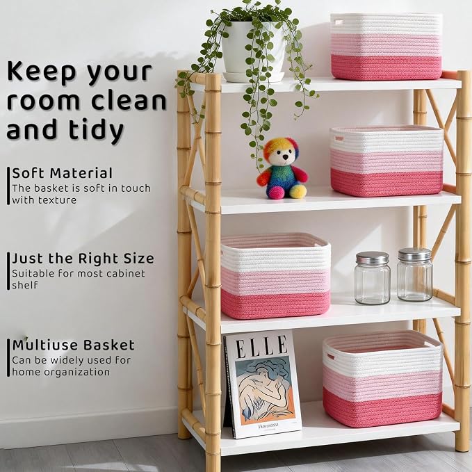 4 Pack Storage Baskets for Organizing, 11''Lx9''Wx8''H Woven Baskets for Storage Toys, Towels, Books, and Clothes, Cotton Rope Basket for Shelves with Handle - Image 5