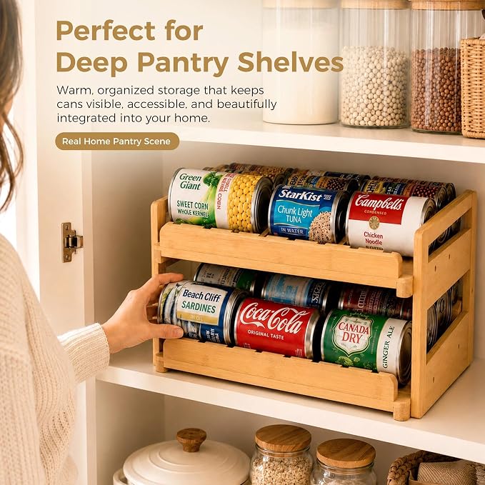 MinBoo Bamboo FIFO Can Organizer for Pantry, 24-Can Gravity Dispenser with Adjustable Dividers, Freestanding Wood Canned Food Storage Rack for Soup, Soda and Pet Food, 15.5" W x 11.6" D x 9.4" H - Image 6