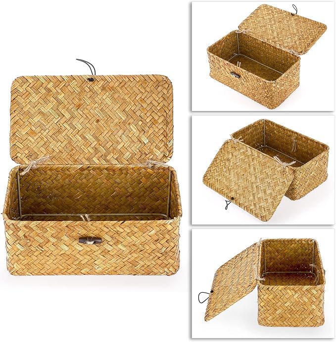 Hipiwe Wicker Shelf Baskets Bin with Lid X-Small Handwoven Basket for Shelf | Natural Seagrass Storage Box, Rectangular Household Basket Boxes for Wardrobe Home Organizer, Caramel - Image 3