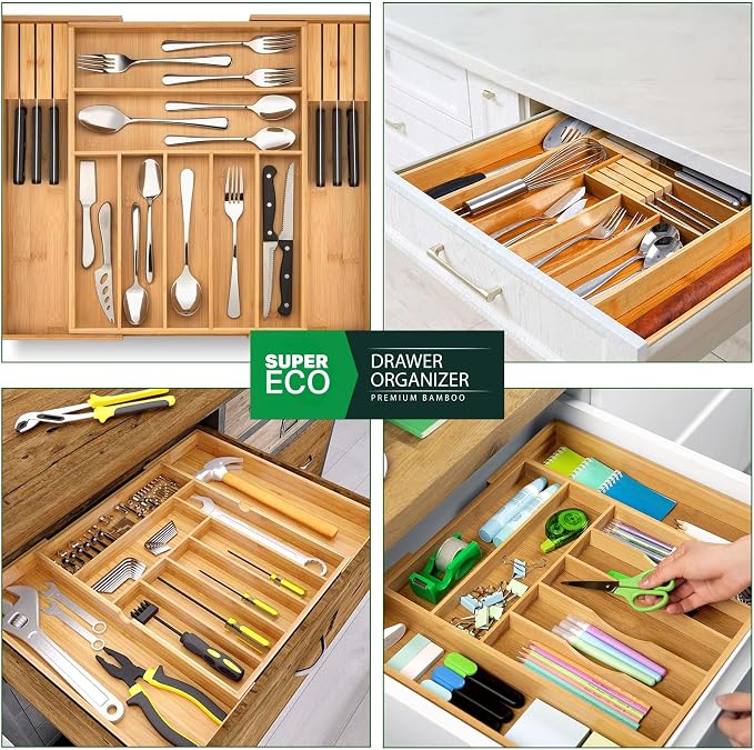 Bamboo Kitchen Drawer Organizer - Bamboo Expandable Drawer Organizer Utensil Holder & Cutlery Tray - Adjustable Wood Drawer Dividers Organizer for Silverware, Flatware, Knives (9 Slot) - Image 7
