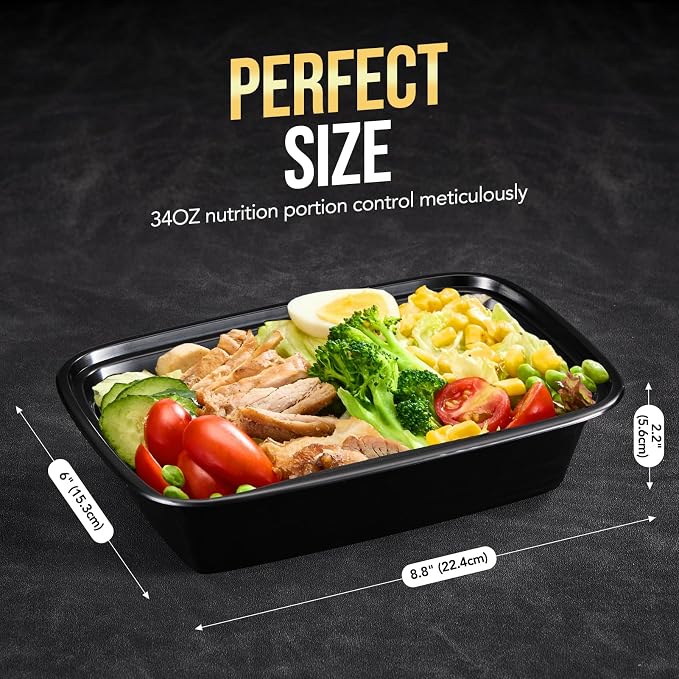 100-Piece (50-Pack) 34 OZ Meal Prep Containers Reusable with Lids, Sturdy Leakproof & Food Safe, Microwave, Freezer, Dishwasher Safe To Go Food Containers, Plastic Take Out Containers, Black - Image 5