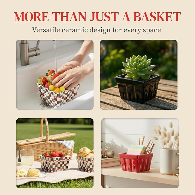 Ceramic Berry Baskets Set of 4, Checkered Fruit Colanders | Black and white checkered with red cherry pattern, stoneware, dishwasher safe, drains and stores berries, farmhouse kitchen - Image 5