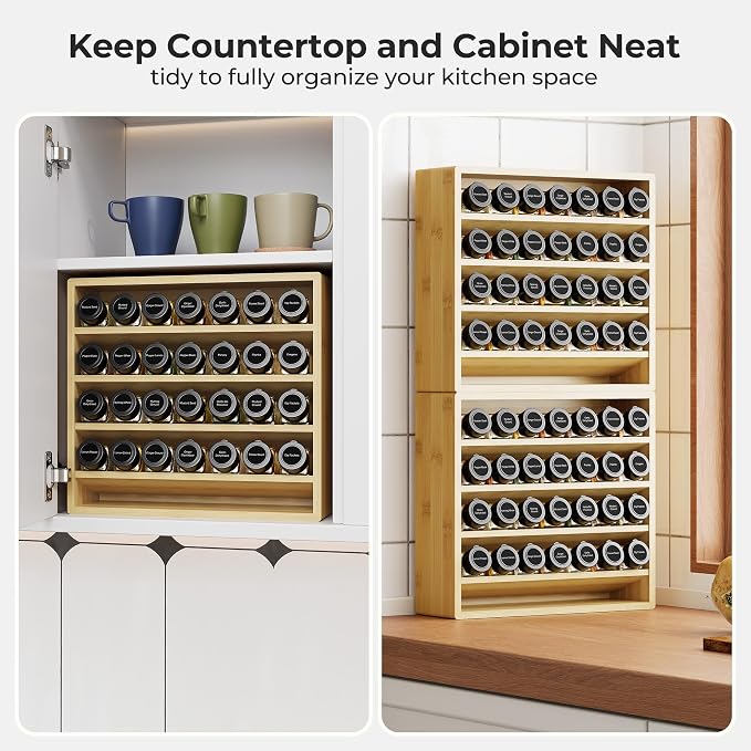 Orimade 4 Tier Spice Rack Organizer for Cabinet with 28 Plastic Spice Jars, Freestanding Bamboo Seasoning Rack for Countertop, Cupboard, Pantry, Kitchen, 13.18 x 4.13 x 12.2 inches - Image 2
