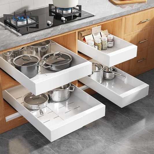 Seinloes 4 Pack Expandable Width (9"-14.1") Pull Out Cabinet Organizer 21" Deep with Raising Pad for Framed Cabinets, Upgrade 3 Slide Rails Slide Out Drawers, Roll Out Shelves Adhesive, White by Seinloes