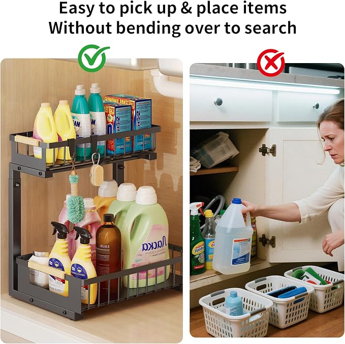 Under Sink Organizer, 2-Tier Slide Out Under Cabinet Storage for Kitchen/Bathroom, Adjustable Double Layer Under Sink Drawers, Space Saving Inder Sink Organizer for Cleaning Supplies(Black,2 Packs) - Image 5