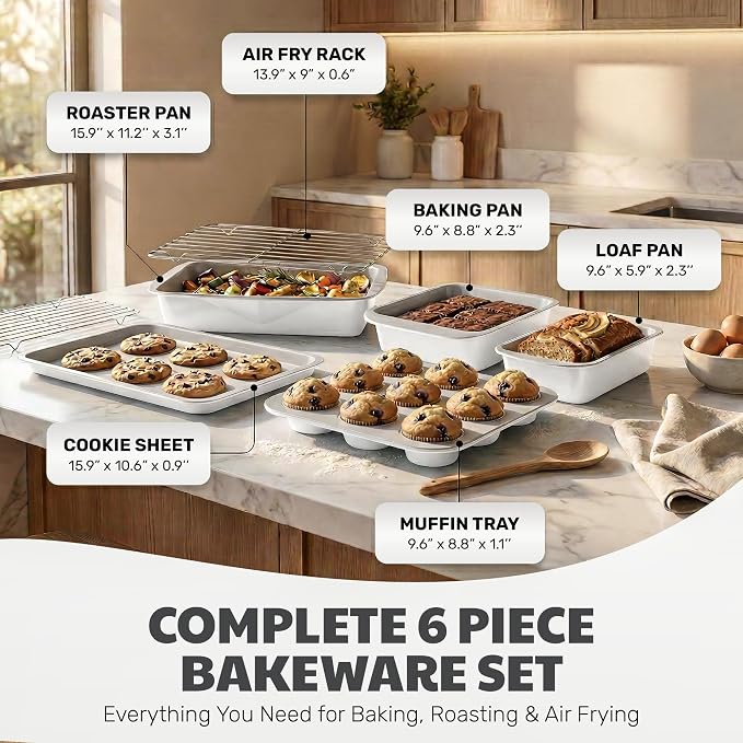 Gotham Steel 6 Pc Stackable Baking Pans Set, 70% Space Saving Design, Ceramic Bakeware Sets Non Toxic Made Without PFOA PFOS, with Baking Sheet Tray, Cake & Muffin Pans, Oven & Dishwasher Safe - Image 2