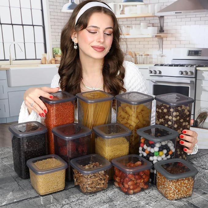 T&D HOME GOODS Storage Jars with Lid, Airtight, Set of 12 Storage Containers, BPA-Free, Storage Container for Cereal, Flour, Kitchen, Practical Organiser Kitchen, (12, 3 Square diff size) - Image 2