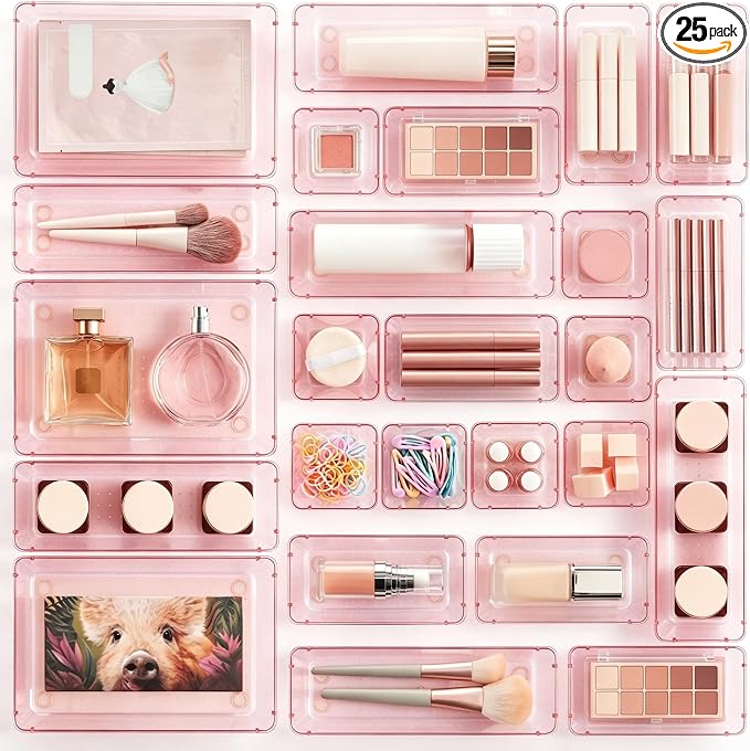 Vtopmart 25 Pack Plastic Drawer Organizers with Non-slip Rubber Pads | 4-Size Versatile Makeup Organizer, Storage Containers Small Bins for Makeup, Jewelries, Bedroom, Kitchen Utensils and Office by Vtopmart