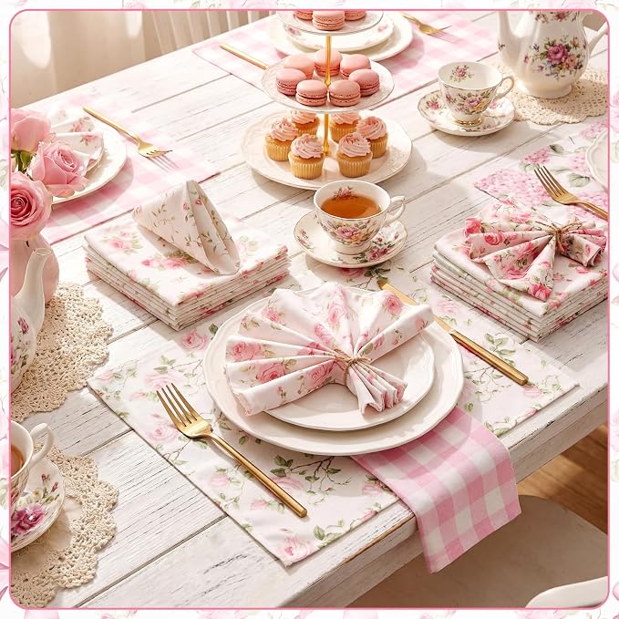 24 Pcs Floral Cloth Napkins 6 Patterns Washable Dinner Tea Party Napkins Reusable Plant Flowers Square Napkin Cotton Towel Decorative for Summer Wildflower Party(Bow Hydrangea) - Image 3