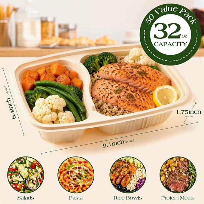 100 Piece (50 Pack) Meal Prep Containers Reusable - 2 Compartment 32 oz Cornstarch Snack Containers with Lids - Plastic Food Storage Salad Containers - To Go Lunch Box - Microwave & Freezer Safe - Image 7