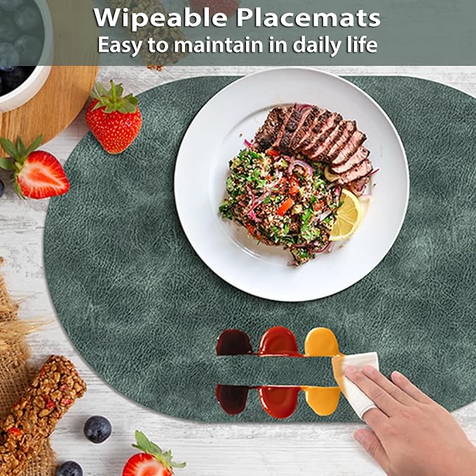 ADRIMER Placemats, Heat Resistant Oval Placemats Set of 12 Washable 12 x 17 Inch, Waterproof Table Mats, Wipeable Pu Place Mats for Kitchen, Dining Room, Blue & Green - Image 6