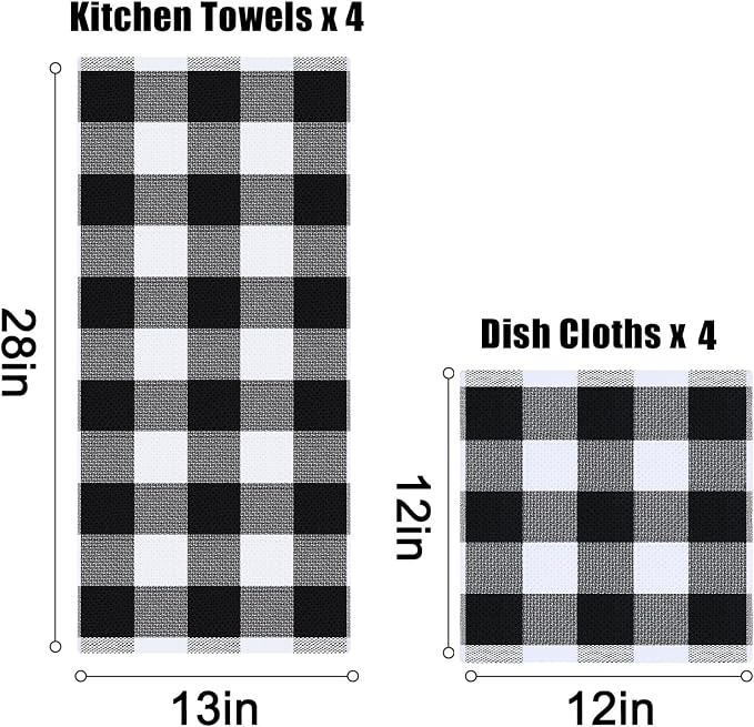 Homaxy Kitchen Towels and Dishcloths Set, Set of 8, White & Black | Bulk Cotton Waffle Weave Check Plaid Kitchen Towels, Super Soft and Absorbent Dish Cloths, 12 x 12 and 13 x 28 Inches - Image 4