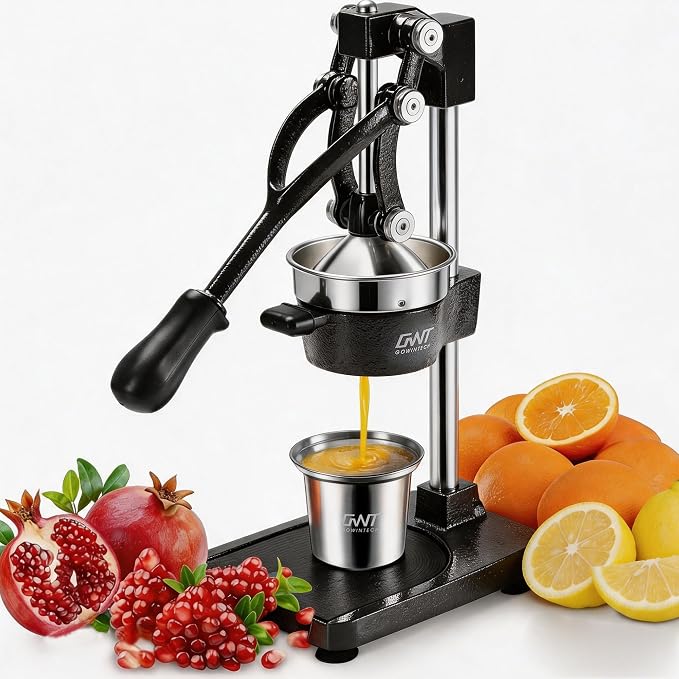 18 Inch Height Commercial Heavy Duty Cast Iron Hand Press Manual Orange Citrus Lemon Lime Grapefruit Pomegranate Fruit Juice Squeezer Machine with Stainless Steel Cup and Durable Base Black by Gowintech