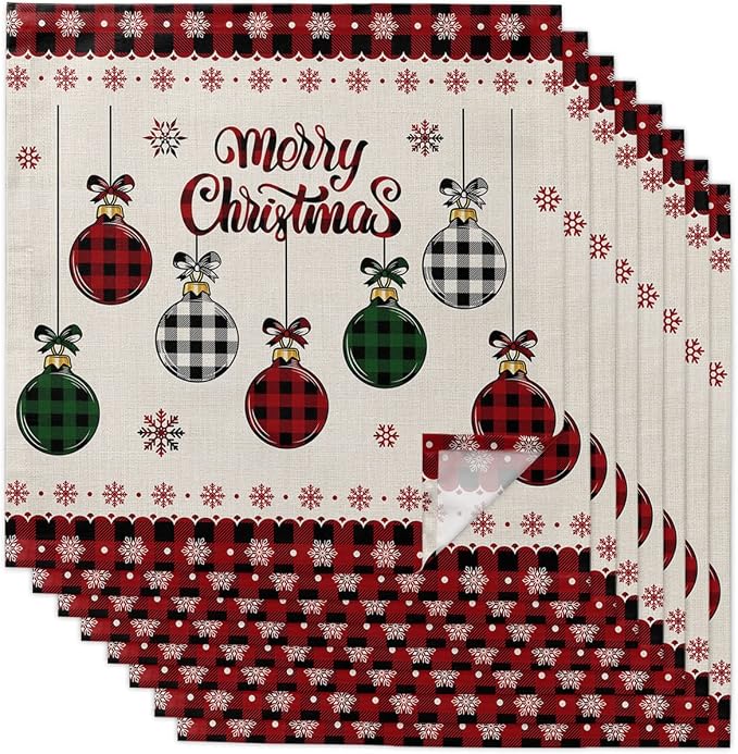 Christmas Cloth Napkins Set of 8, Plaid Xmas Balls Snowflake Red Lace Burlap Dinner Napkins Cloth Washable, Cocktail Napkins Reusable for Wedding, Party, Birthday (20"x20") by Unknown